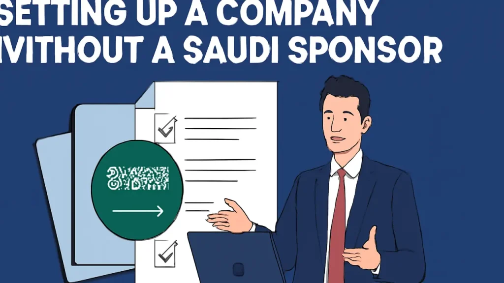 A hopeful entrepreneur going over startup plans with the Riyadh skyline behind, ready to launch a business in Saudi Arabia