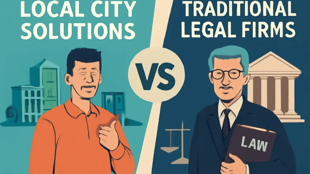 Illustration comparing Local City Solutions with a traditional legal firm, showing benefits for startups and small businesses