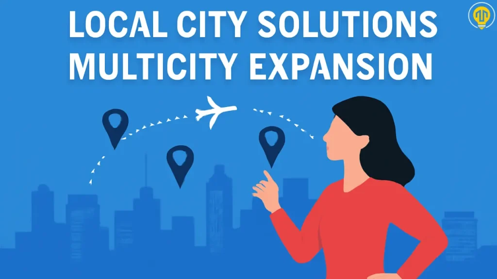Illustration of business expansion into multiple cities with connected locations